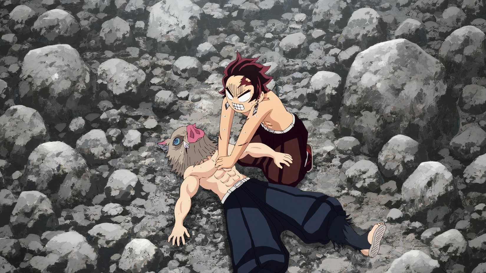 Tanjiro resuscitating Inosuke in Demon Slayer Season 4 Episode 6