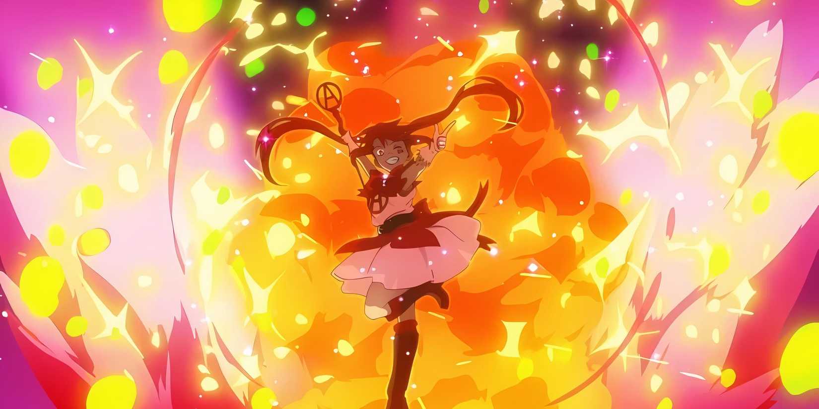 Anarchy after her transformation with a blast behind her in Magical Destroyers