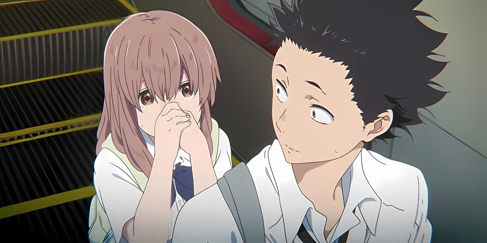 Shoko menabrak Shoya di dasar eskalator di A Silent Voice