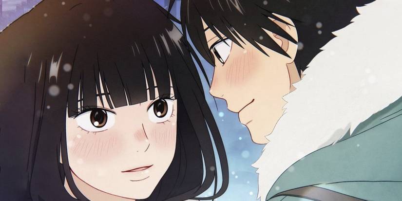 Sawako and Kazehaya blushing together in the snow in Kimi ni Todoke: From Me to You.