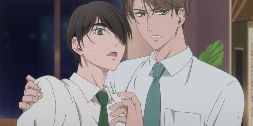 Kurosawa pulling Adachi back protectively from two drunk thugs. 