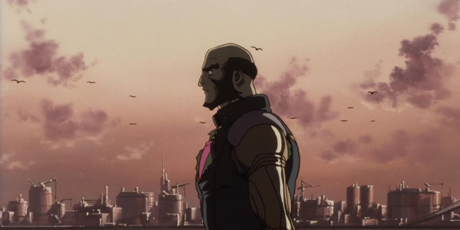 cowboy-bebop-personagem-jet-black-observando-cidade-ao-por-do-sol-com-nuvens-e-passaros-no-ceu