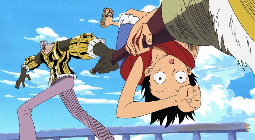 Don Krieg grabs Luffy by the leg and throws him in One Piece