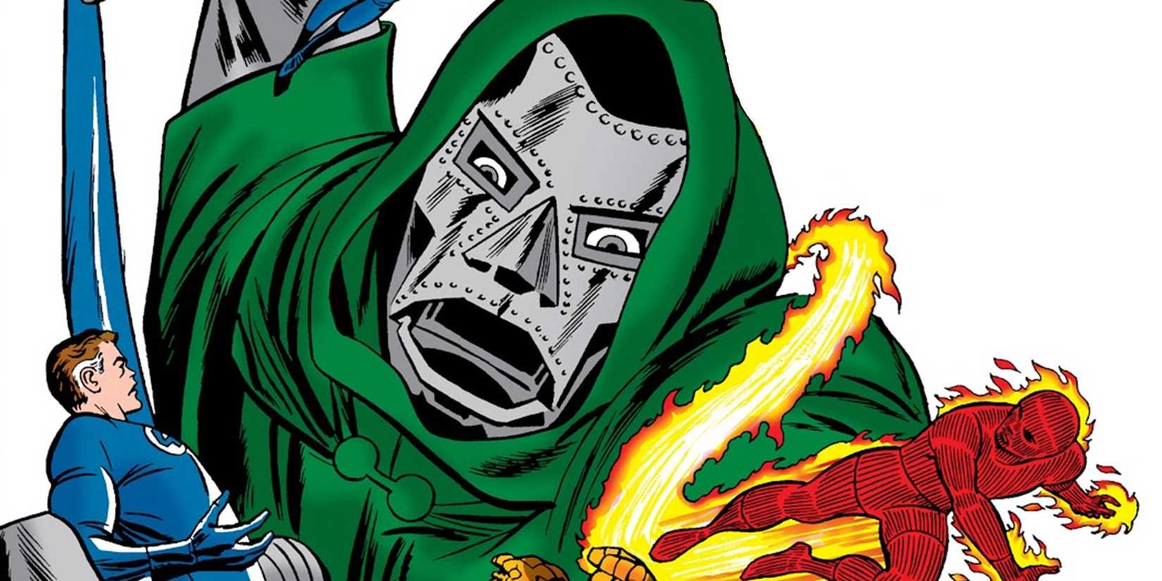 Doctor Doom fights the Fantastic Four in Marvel Comics.