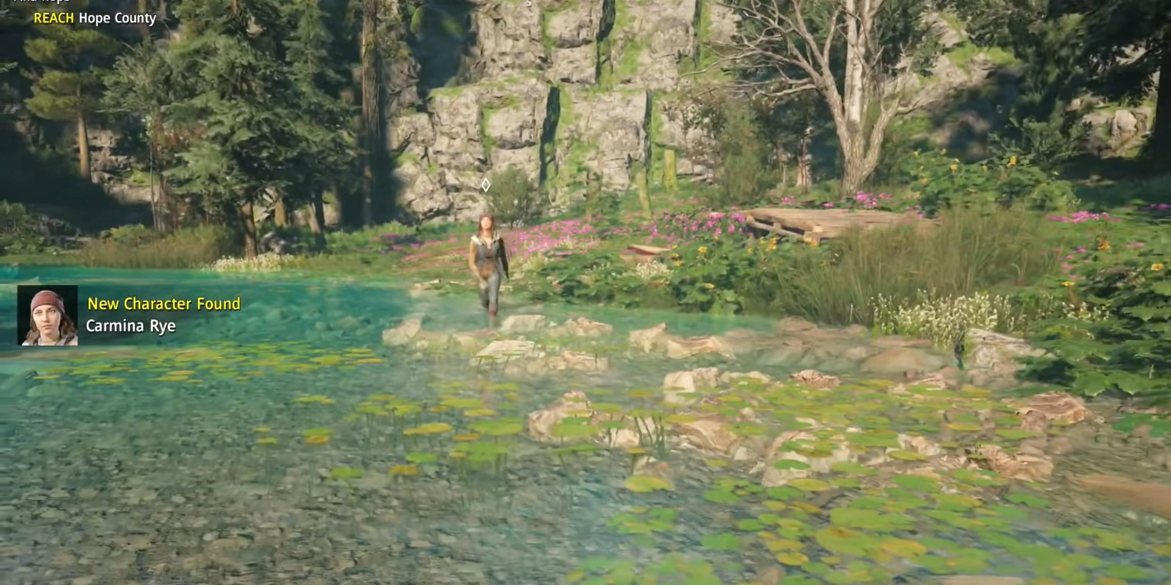 FarCry 5 New Dawn player is on a task through the wilderness