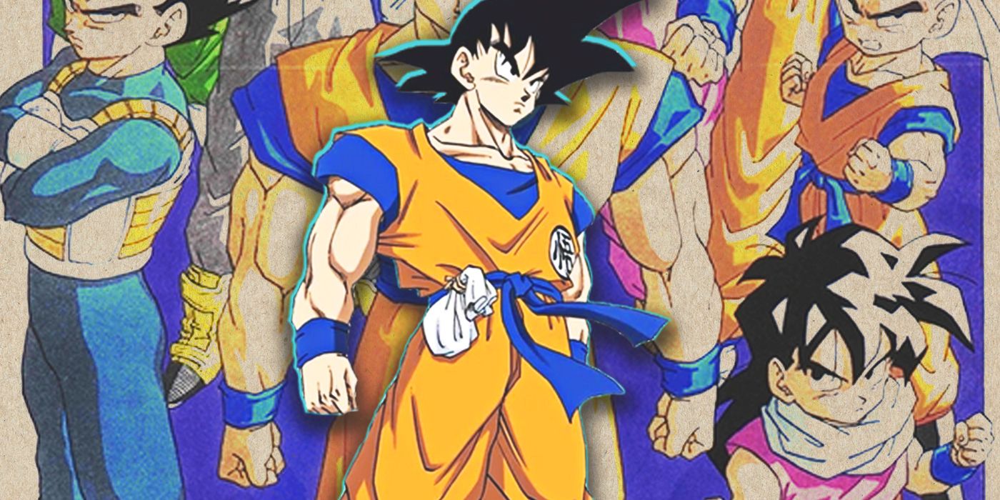 Dragon Ball's Goku in front of Akira Toriyama artwork featuring the other Z-Fighters