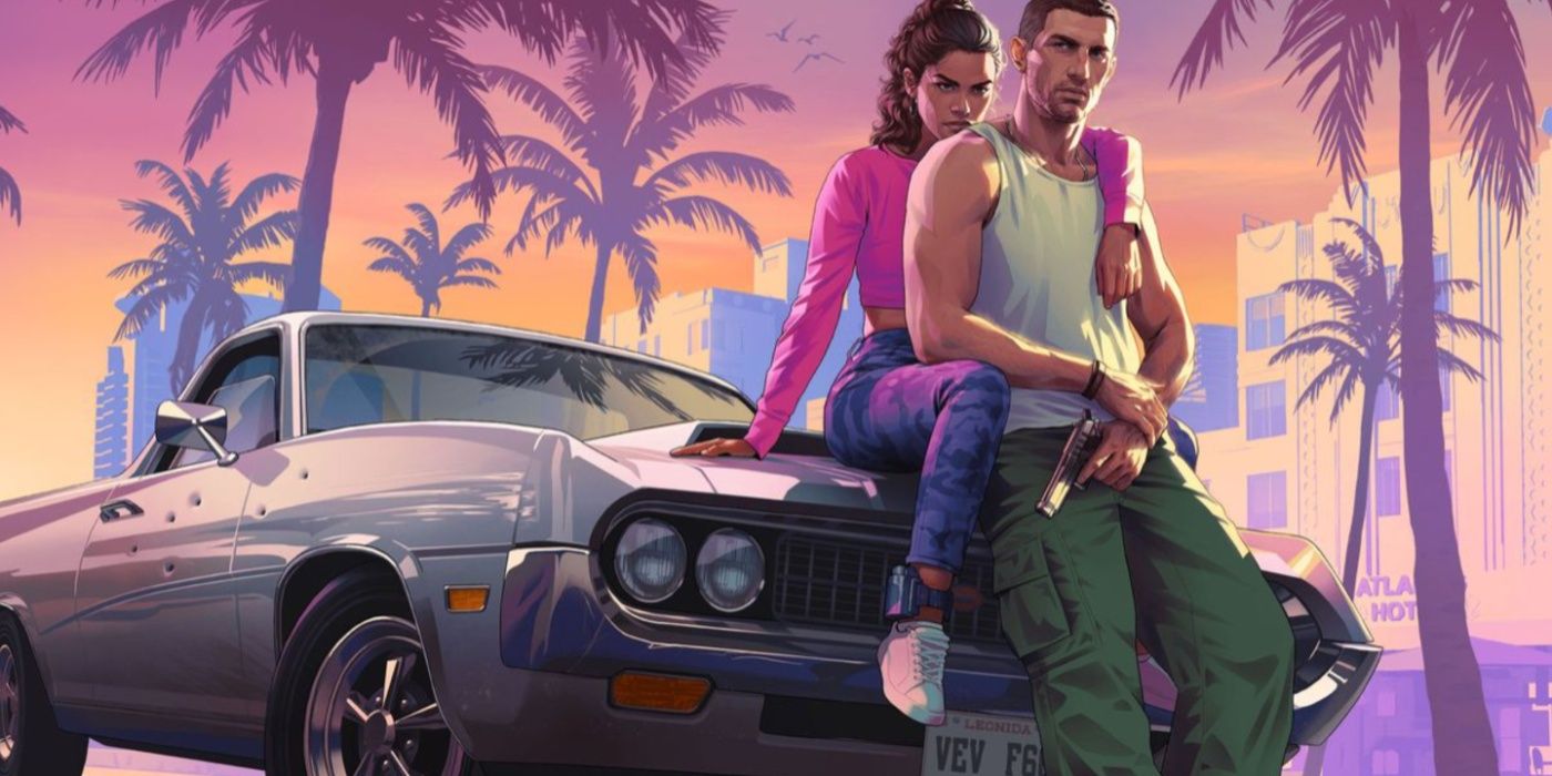GTA6 key art featuring two characters leaning against the hood of a car.