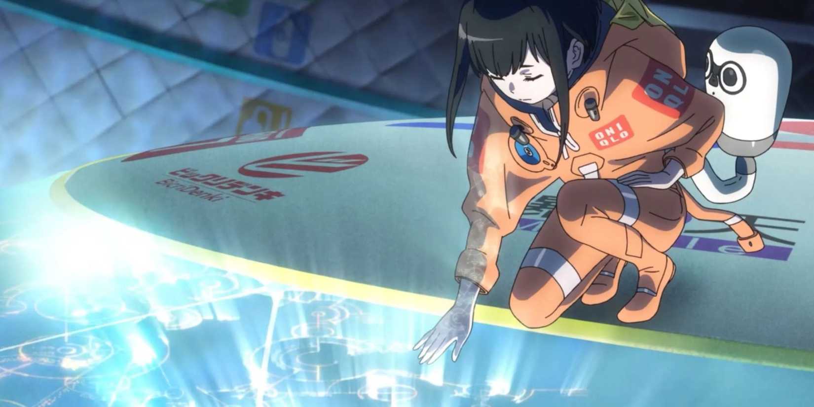 Konoha in a flight suit touches a glowing surface in The Orbital Children.