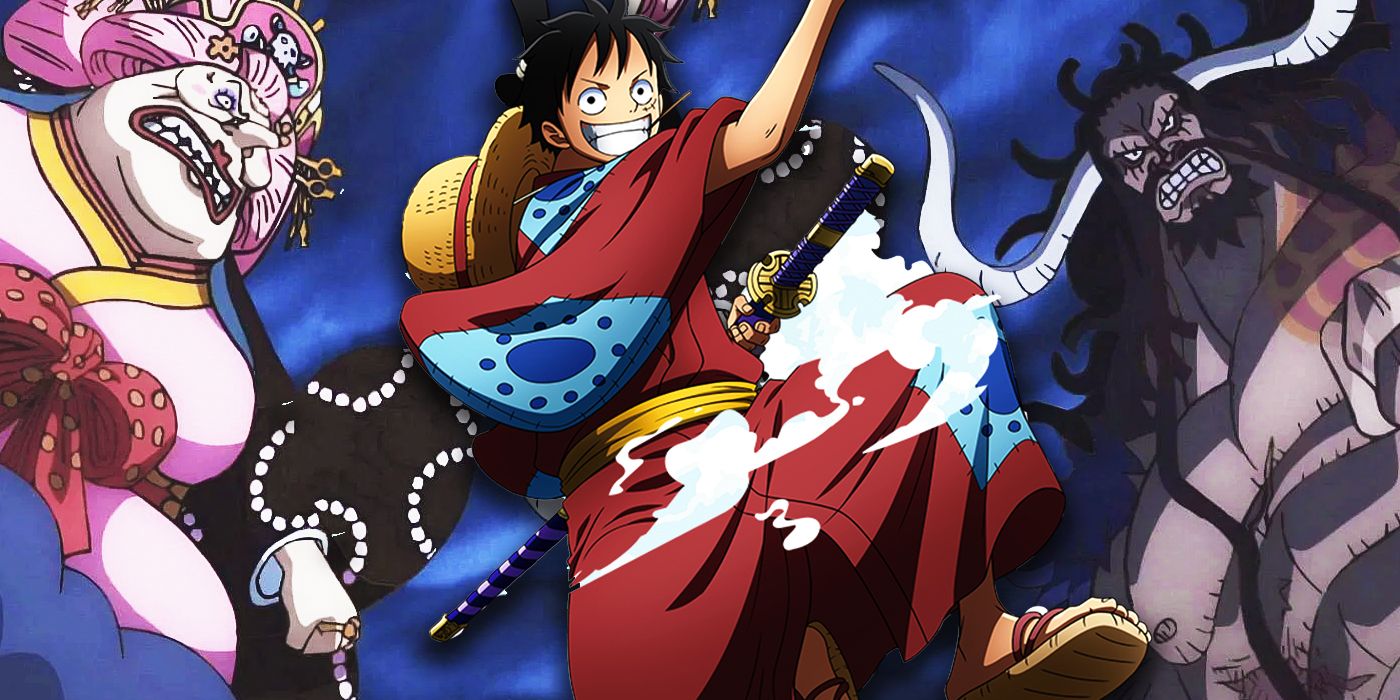 Images of One Piece's Monkey D. Luffy, Big Mom and Kaido are spliced together.
