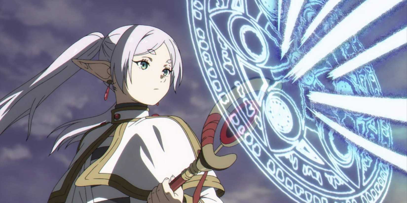 Frieren attacks by launching a magical spell with his frying staff: Beyond Journey's End.