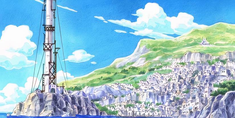 The view of Ruluka Island and the Rainbow Tower in the One Piece anime.