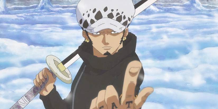 Trafalgar Law lève un doigt tout en tenant son épée derrière lui.