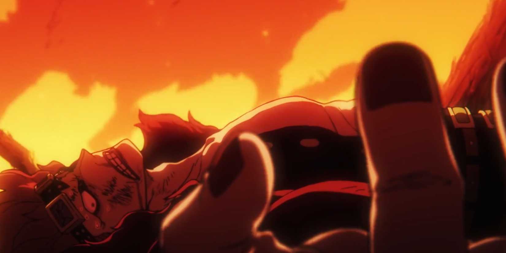 Eustass Kid lays in front of flames after being defeated in Episode 1112 of One Piece