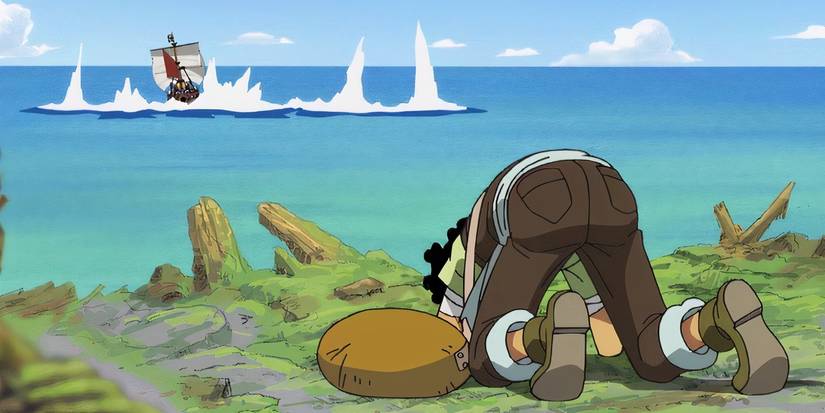 Usopp s'excuse auprès de Luffy alors que les Chapeaux de Paille fuient Water 7 dans One Piece.