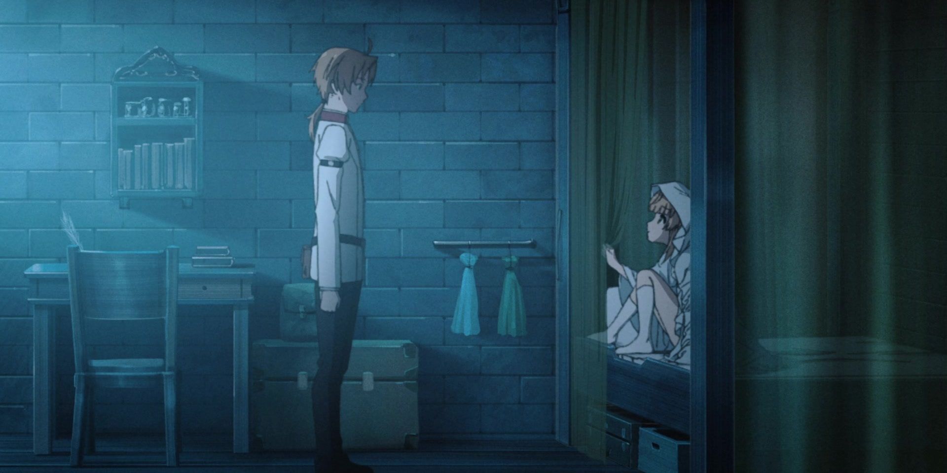 Rudy standing at Norn's bed as she looks out at him in Mushoku Tensei.