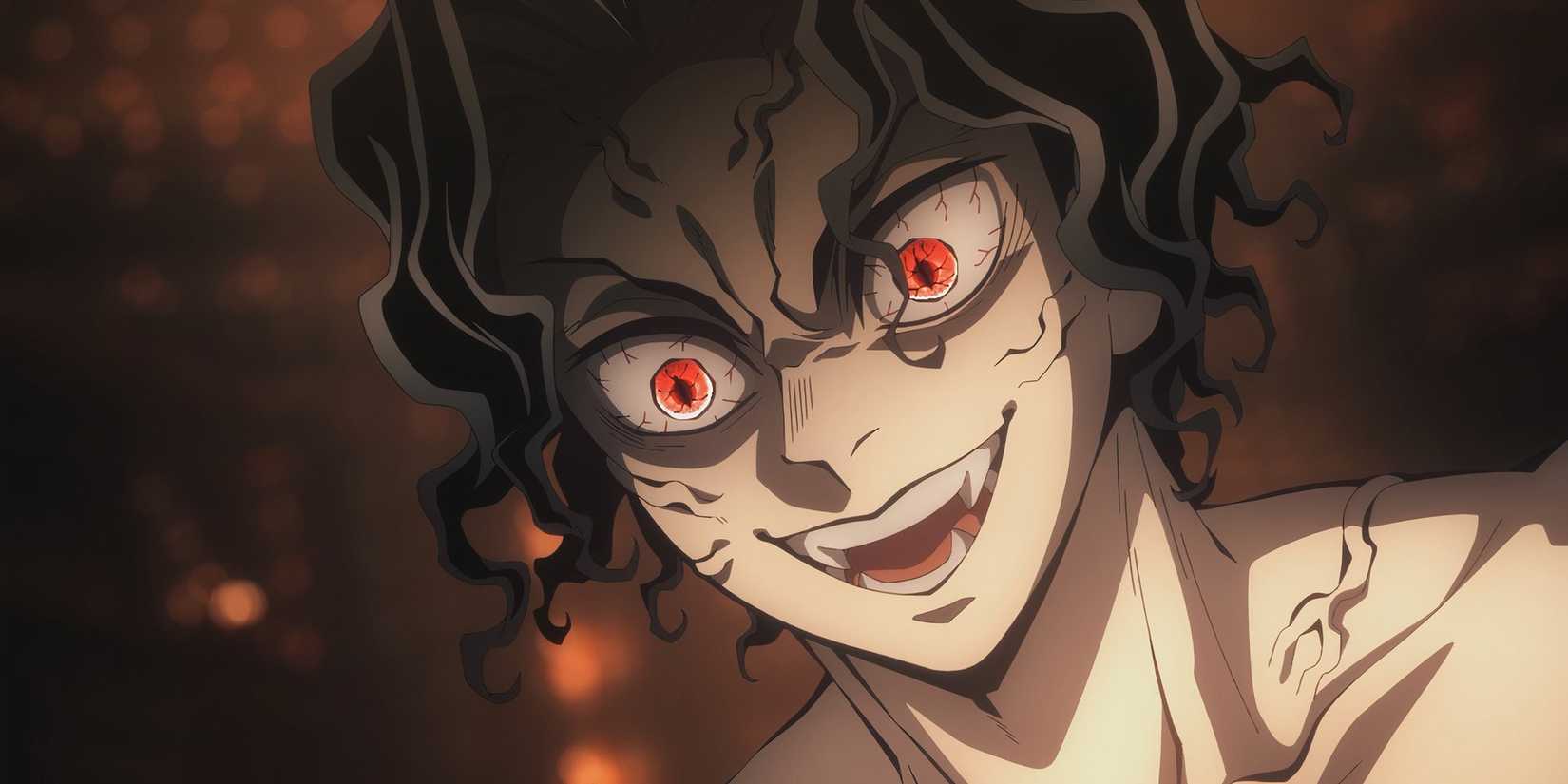 Muzan laughs maniac with red eyes in Demon Slayer.