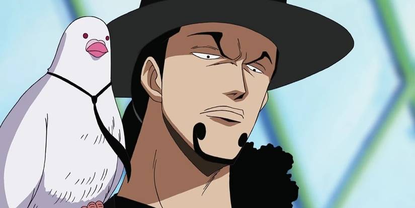Rob Lucci est représenté du cou vers le haut, regardant vers le bas avec Hattori perché sur son épaule.