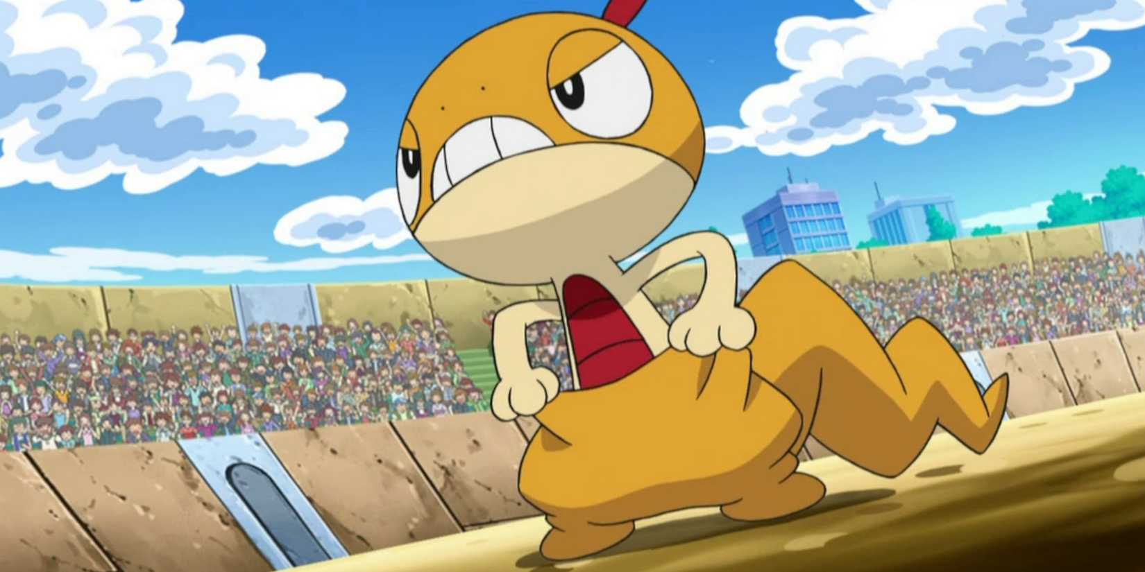 Ash's Scraggy is holding up its "pants" in a battle in the Pokémon anime.