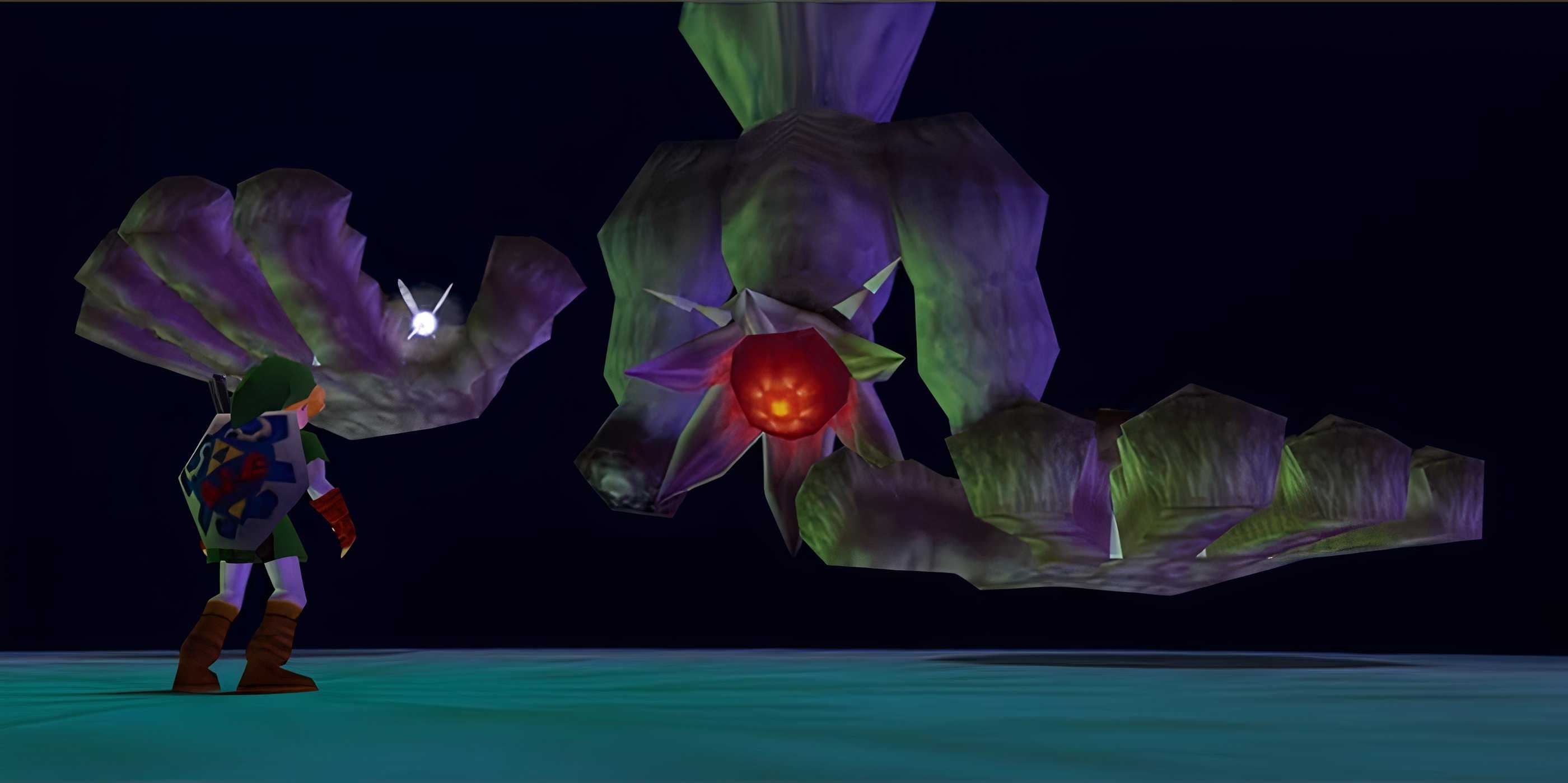 Link standing in front of Bongo Bongo in The Legend of Zelda: Ocarina of Time