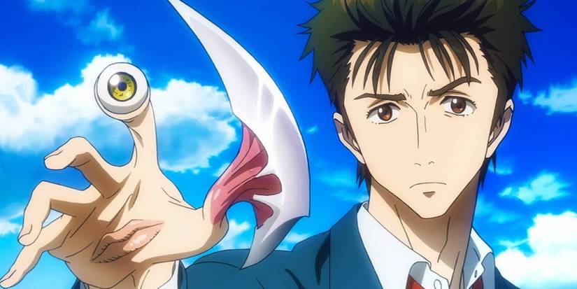 Shinichi menunjukkan alien di tangannya di Parasyte The Maxim.