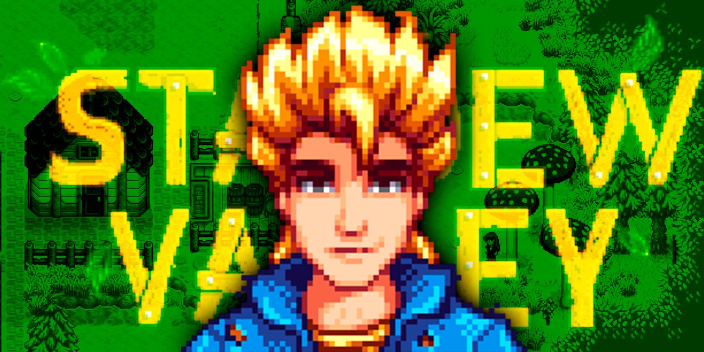 Stardew Valley' Sam with the logo of the game behind him.
