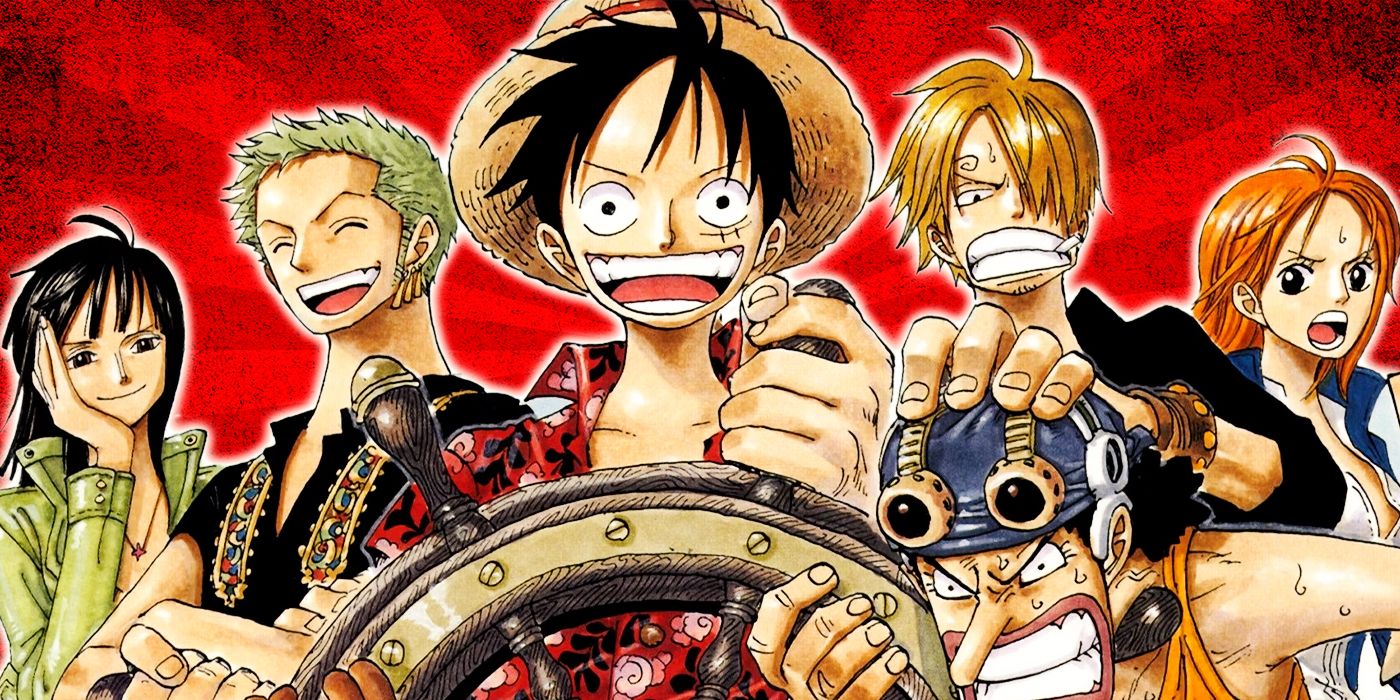 Images of One Piece's Monkey D. Luffy, Roronoa Zoro and Nico Robin smiling, and Usopp, Sanji, and Nami looking worried, is superimposed in front of a red background.