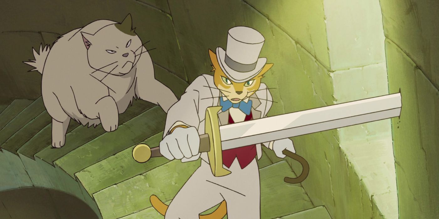 The Baron brandishing a sword with Muta behind him in The Cat Returns.