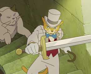 The Baron brandishing a sword with Muta behind him in The Cat Returns.