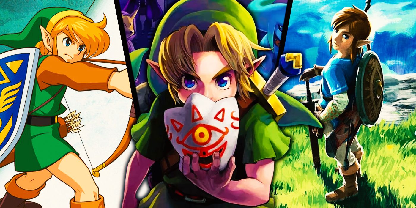 Majora's Mask, A Link to the Past, and Breath of the Wild from the Legend of Zelda series