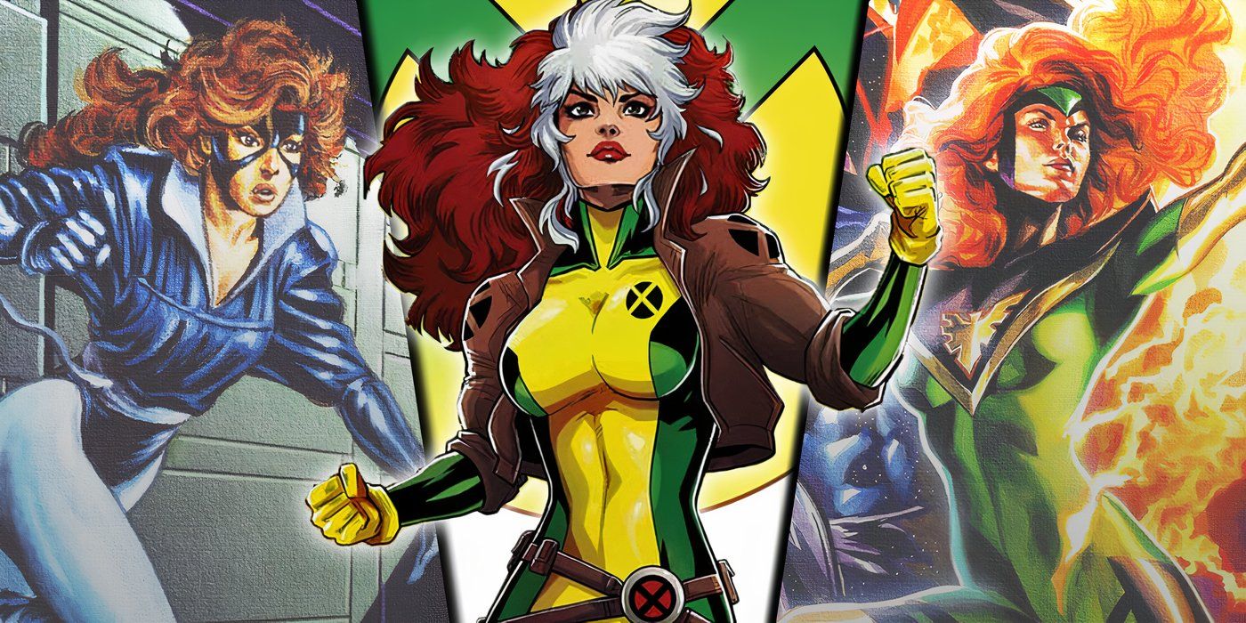 Split image of Shadowcat, Rogue, and Phoenix from X-Men comics