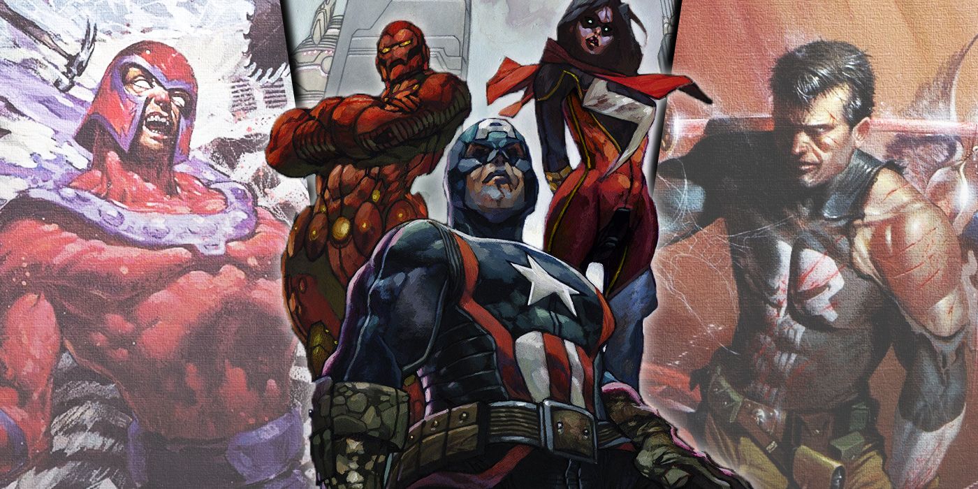 Split image of covers to Ruins, Avengers: Twilight, and Punisher Kills the Marvel Universe