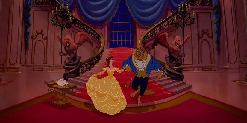 Bell and the Beast dance in the ballroom together as Mrs. Potts and Chip watch.