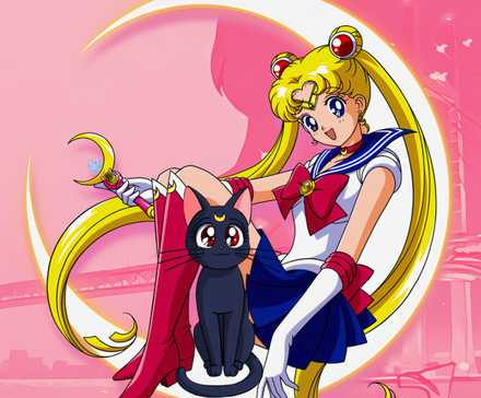 A transformed rabbit from the 90's Sailor Moon anime with her cat Luna
