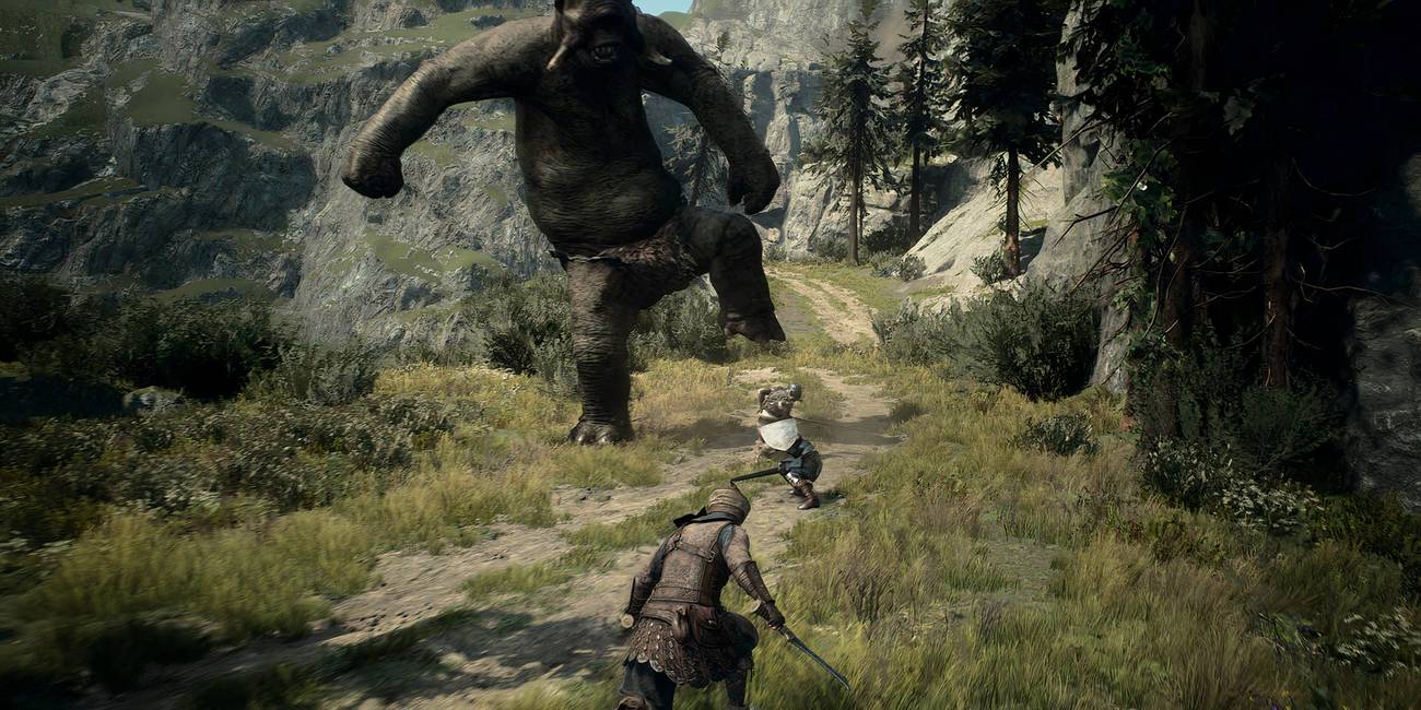 A player and a Pawn fight a Cyclops in Dragon's Dogma 2.