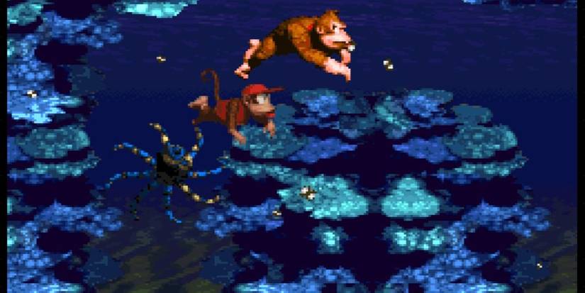 Diddy Kong and Donkey Kong being chased in an underwater level in Donkey Kong Country