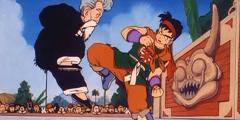 Jackie Chun dodges Yamcha's kick in Dragon Ball Episode 22.