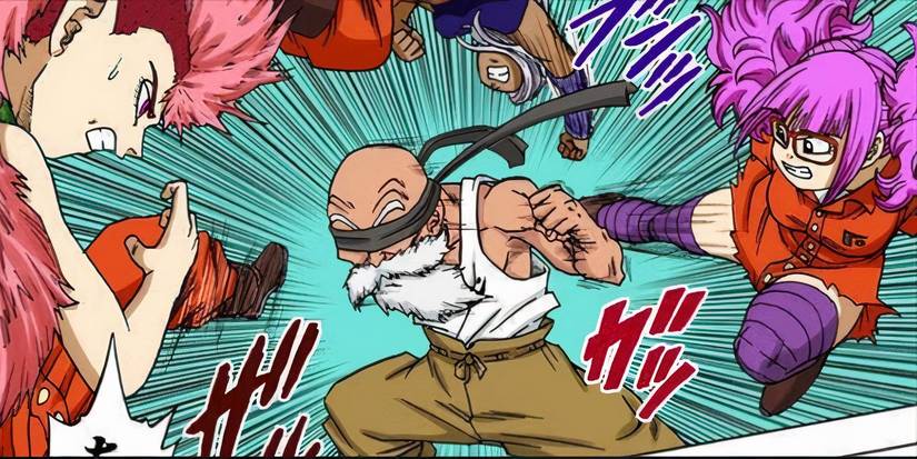 Blindfolded Ultra Instinct Master Roshi fights Miiza, Iwaza, and Kikaza in Dragon Ball Super manga.
