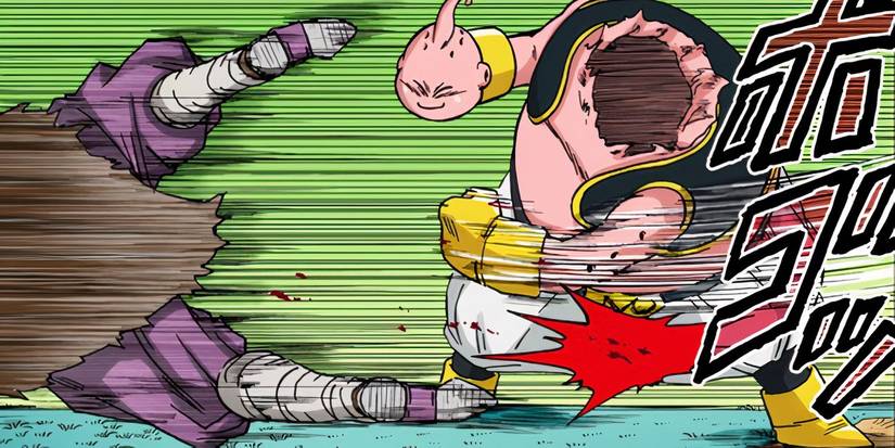 Buu, with his head in his fist, punches out Moro in Dragon Ball Super manga.