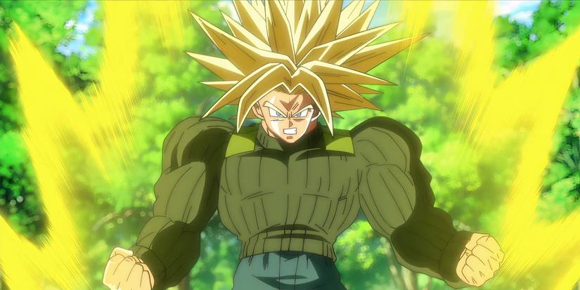 Super Saiyan Third Grade Future Trunks prepares to fight in Dragon Ball Super.