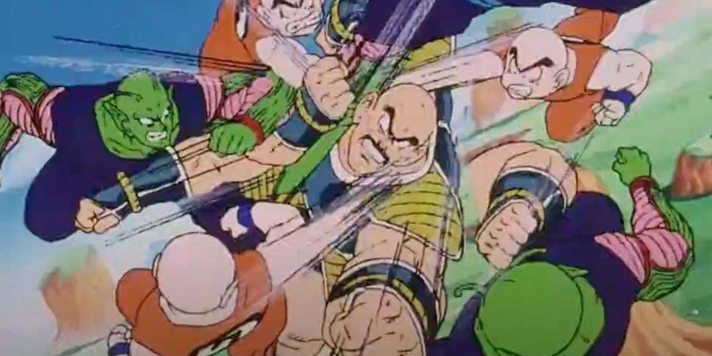 Piccolo and Krillin fight Nappa in Dragon Ball Z.