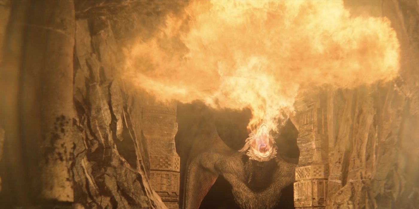 Dreamfyre breathing fire in a cave in House of the Dragon.