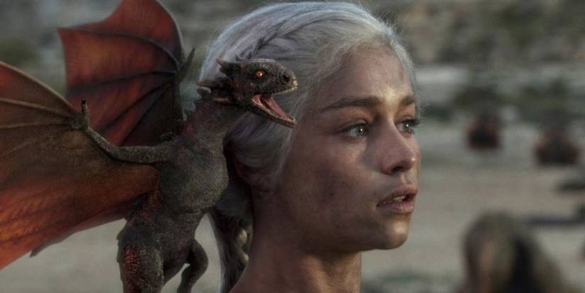Drogon on Daenerys Targaryen's shoulder in Game of Thrones.