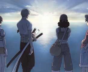 Netflix's THE ONE PIECE official concept art with Nami, Zoro, Usopp and Luffy