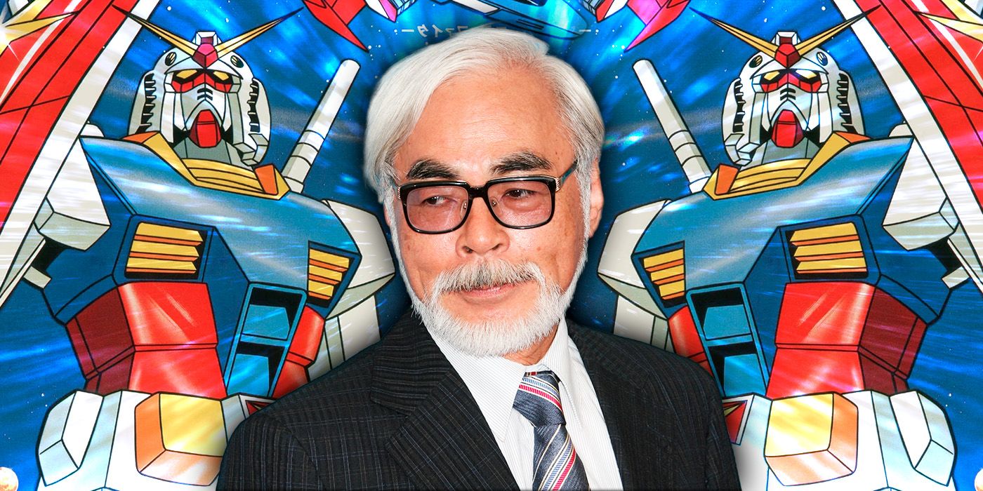 Studio Ghibli's Hayao Miyazaki stands in front of Mobile Suit Gundam's RX-78-2 mecha
