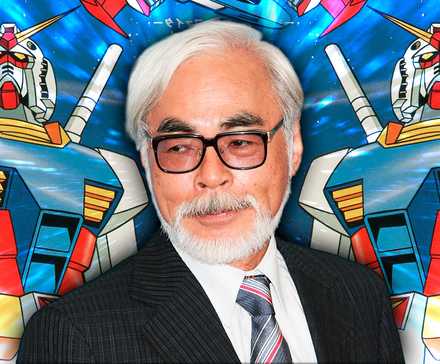 Studio Ghibli's Hayao Miyazaki stands in front of Mobile Suit Gundam's RX-78-2 mecha