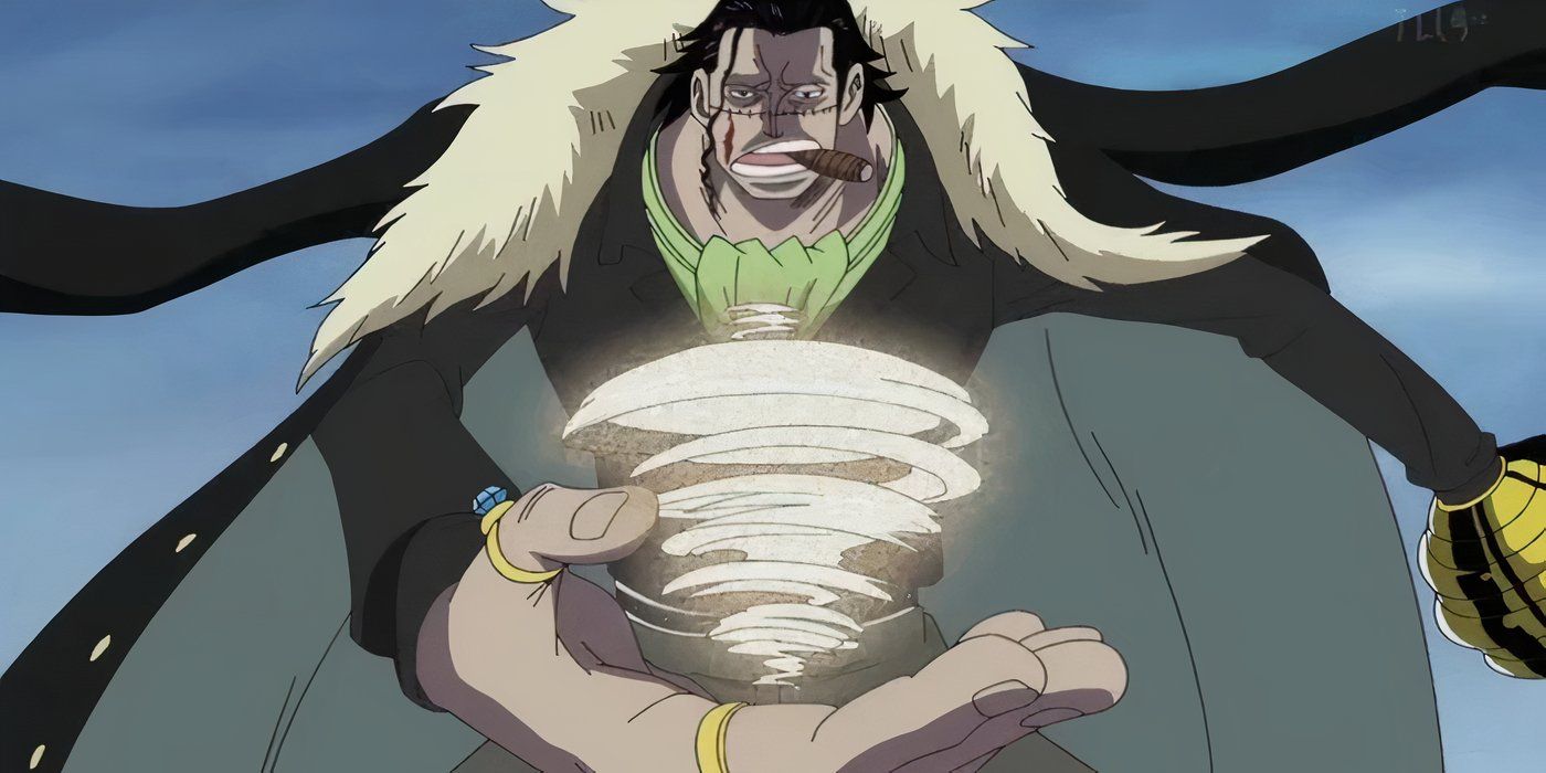 Crocodile produces a small sand tornado in his hand with the Sand-Sand Fruit during One Piece's Summit War