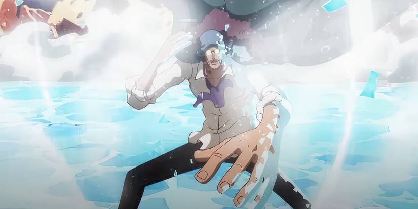Kuzan is preparing to fight Garp by assuming a combat position and using the ice powers of his devil's fruits in one piece.