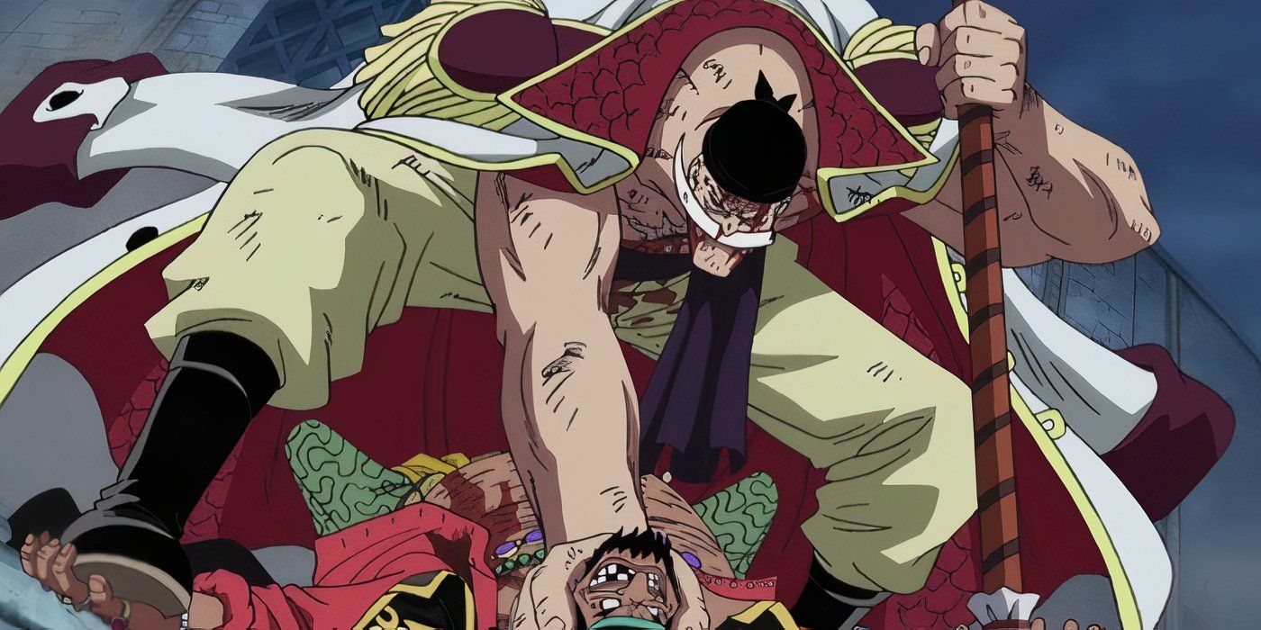 Whitebeard pins Blackbeard to the ground during One Piece's Summit War.