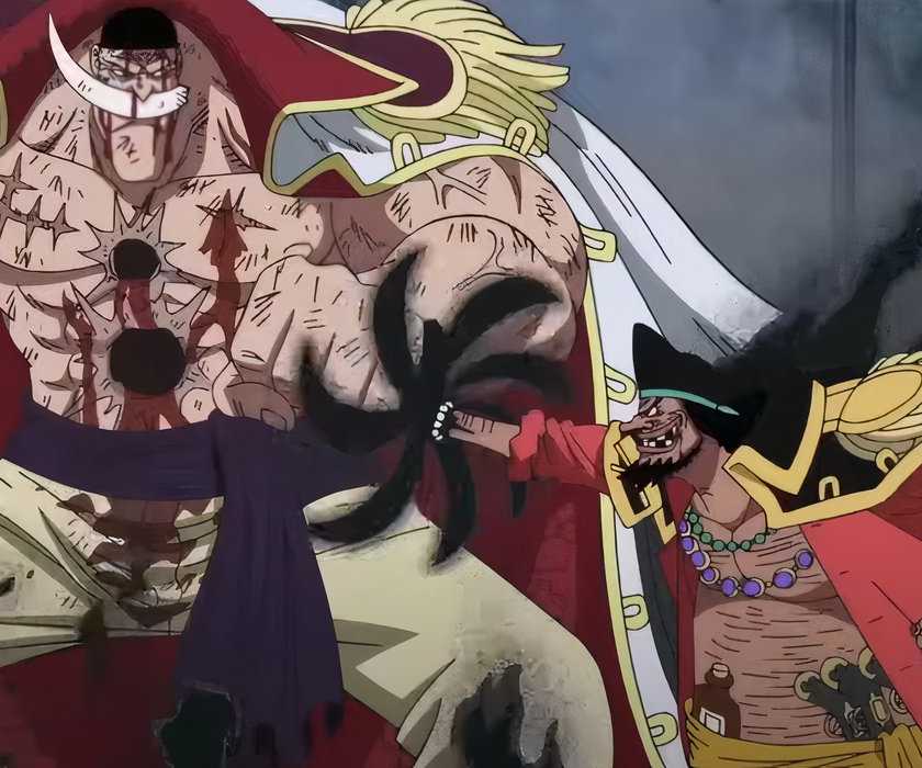 Blackbeard absorbs Whitebeard's Devil Fruit power with the Dark-Dark Fruit during One Piece's Summit War.