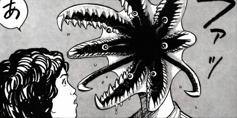 A Parasite opens its mouth to kill a woman in the Parasyte manga.